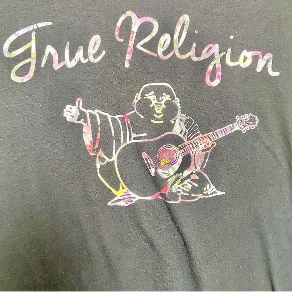 Women’s True Religion V Neck Tee Shirt Happy Buddha Guitar Graphic‎ Size Medium - Picture 5 of 6